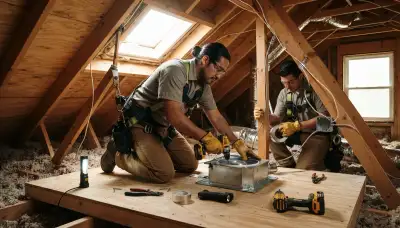 Electrician installing an attic fan in a Green Bay, WI home with an upgraded electrical panel