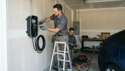 Electrician installing an EV charger at a Green Bay, WI home with a dedicated circuit