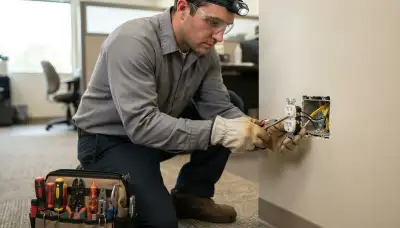 Electrician repairing a wall outlet in a Green Bay, WI home
