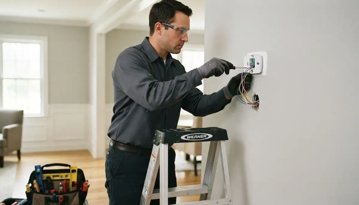 Electrician installing a thermostat in a Green Bay, WI home