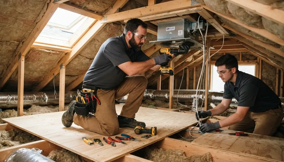 Whole house fan installation wiring in a Green Bay, WI attic by an electrician